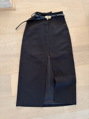 Commense Black Midi Pencil Skirt with Gold-Tone Buckle Belt